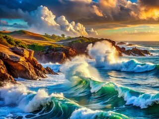 Fototapeta premium Dramatic Ocean Waves Crashing on Rocky Coastline - Powerful Seascape Stock Photo