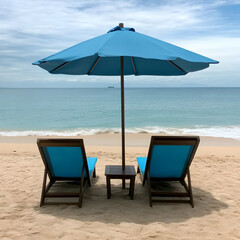 Photo of Beach Scene with Blue Umbrella Wooden Chairs And Ocean View