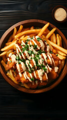 Photo Of Fried Chicken And French Fries In Wooden Bowl On Dark Background