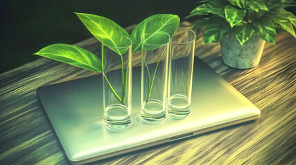 Photo of Green Leaves in Water Glasses on Laptop Wooden Table Surface