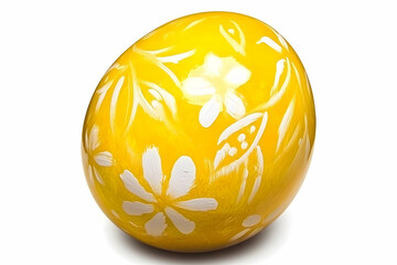 Photo Of A Yellow Easter Egg With White Floral Pattern Isolated On White