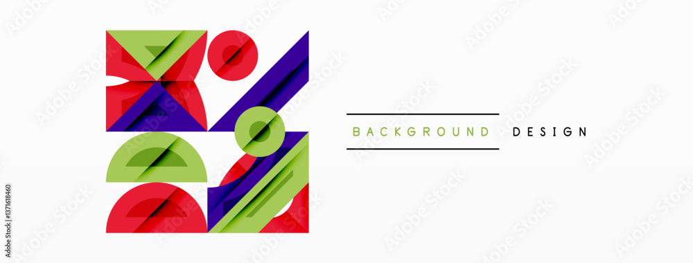 Poster Abstract geometric background with shapes, featuring circular and rounded elements. Bold contrast, smooth gradients, dynamic composition, futuristic style