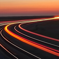Naklejka premium Photo of Light Trails Over Railroad Tracks at Sunset with Orange Sky