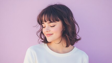 Casual young woman smiling softly with lavender background, warm and inviting tone, approachable modern portrait --ar 16:9