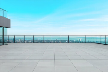 Fototapeta premium Photo of Modern Rooftop Terrace with City Skyline View under a Clear Blue Sky