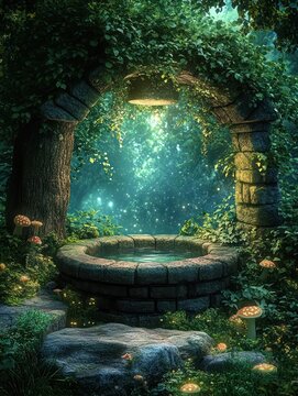 Magical Fairytale Well Surrounded by Glowing Mushrooms and Lush Greenery