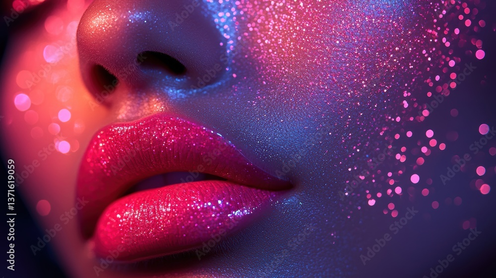 Poster a close-up view of lips adorned with glitter and vibrant colors, creating a striking and artistic vi