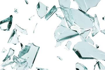 Sharp glass fragments spread out Isolated on white background or PNG background .