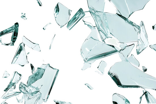Sharp glass fragments spread out Isolated on white background or PNG background .