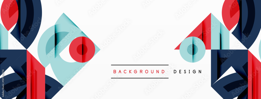 Poster Abstract geometric background with shapes, featuring circular and rounded elements. Bold contrast, smooth gradients, dynamic composition, futuristic style