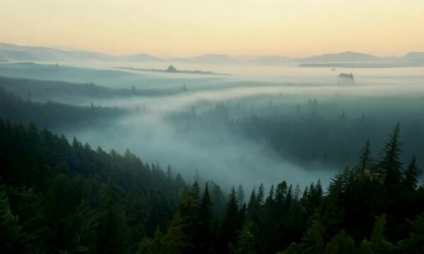 Misty mountain forest landscape in the morning