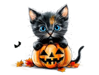 Adorable black kitten with bright blue eyes sits inside a carved Halloween pumpkin surrounded by autumn leaves and a bat.