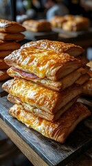 A tempting stack of golden-brown cheese and ham croissants sits proudly on a rustic wooden bakery counter ready to be enjoyed for a delightful breakfast or snack.