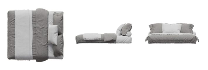 Bed Mattress Sheets Bedroom Top View, Front View, Side View. Isolated Transparent Background