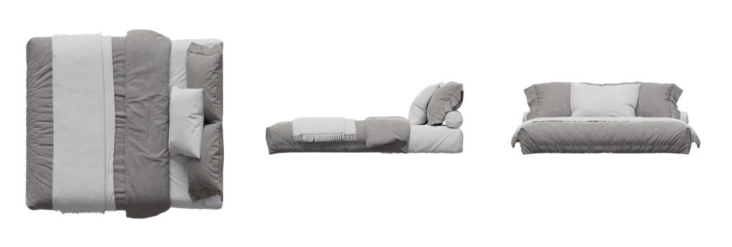 Bed Mattress Sheets Bedroom Top View, Front View, Side View. Isolated Transparent Background