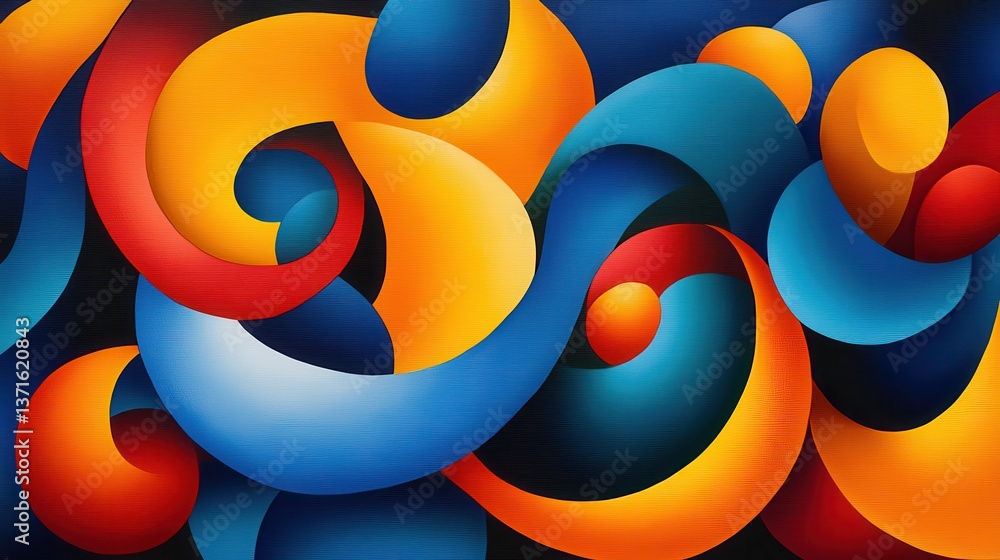 Poster abstract geometric shapes interlock in dynamic color play, creating a modern, vibrant design, full o