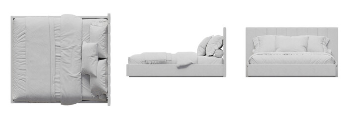 Bed Mattress Sheets Bedroom Top View, Front View, Side View. Isolated Transparent Background
