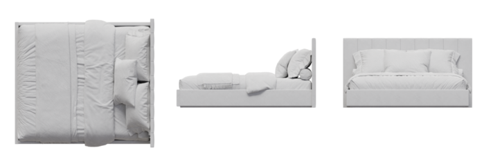 Bed Mattress Sheets Bedroom Top View, Front View, Side View. Isolated Transparent Background