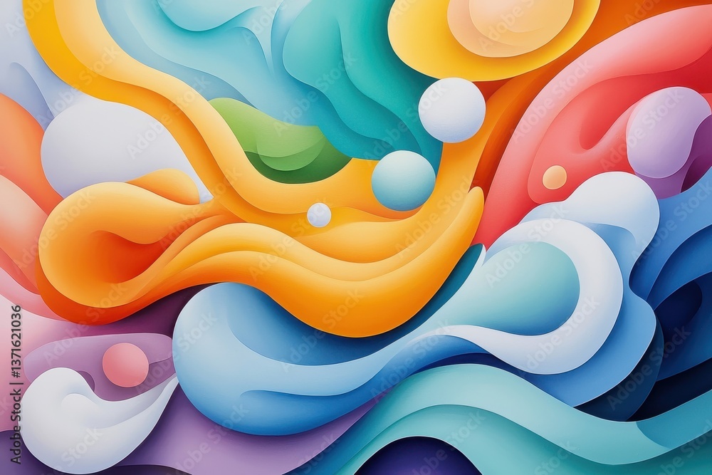 Poster abstract fluid shapes: a vibrant blend of curved forms and floating spheres in a colorful compositio
