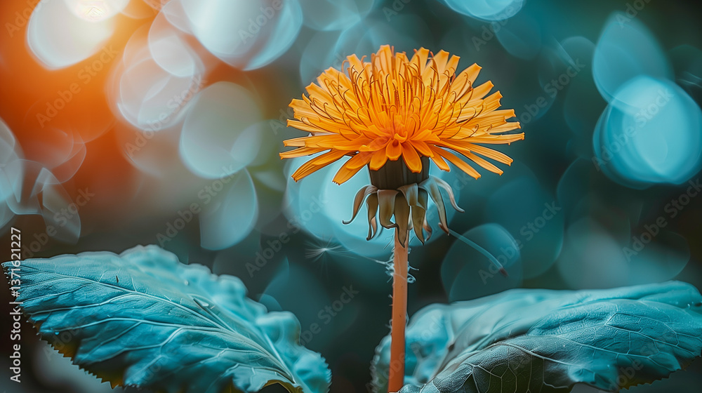 Poster bright yellow dandelion with soft bokeh background