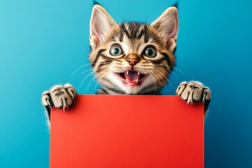 Ð¡ute cat american curl hold in front paws a wireframe - large red lane sign. Pet smile for marketing. Isolated feline infant on a solid dress code rblue background. Adorable studio smile.