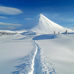 Photo of Snowy Mountain Landscape with Path Leading Through Winter Scene