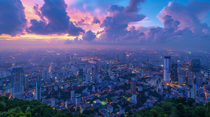 Fototapeta premium Vibrant city skyline at dusk with glowing clouds