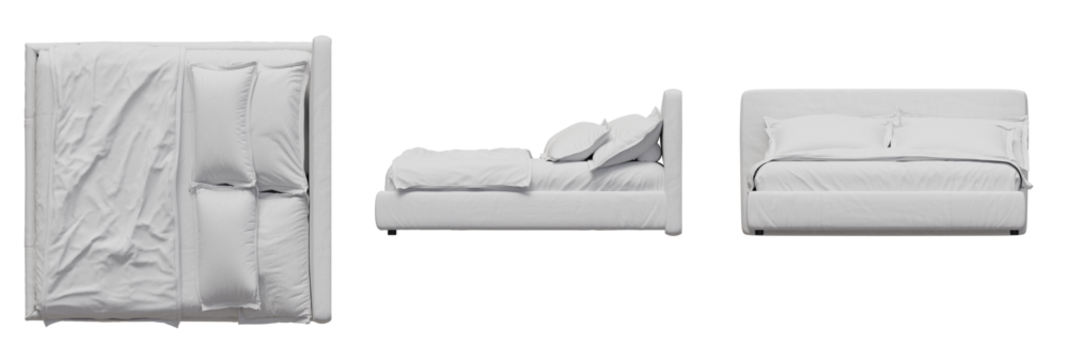 Bed Mattress Sheets Bedroom Top View, Front View, Side View. Isolated Transparent Background
