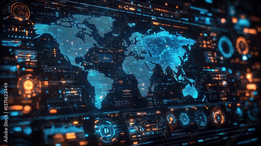Poster a futuristic digital world map displayed with blue and orange graphics, showcasing geographical data