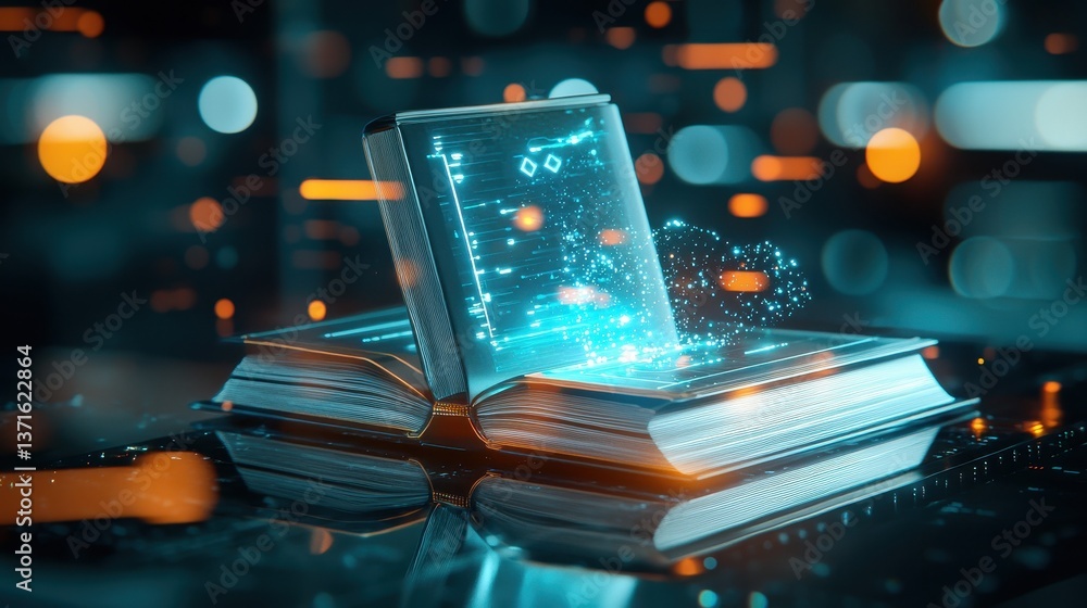 Poster digital knowledge: an open book emitting glowing data and information on a reflective surface.