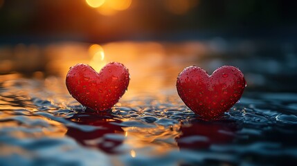 Fototapeta premium Red hearts float on warm, a romantic scene for love and spring.