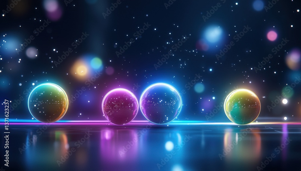 Aufkleber abstract glowing spheres illuminated by colorful light against a cosmic backdrop with bokeh and spar