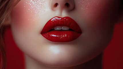 Obraz premium Red lips send a kiss on red, perfect for romantic occasions.