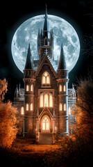 Obraz premium Pixelated Gothic Castle Under Full Moon Illustration
