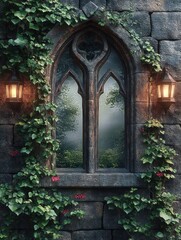Enchanting Gothic Stone Window with Ivy and Lanterns in Mystical Woodland Landscape