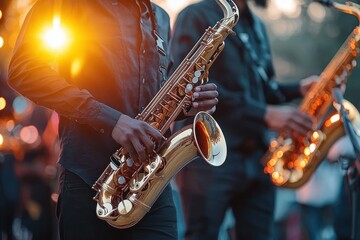 Jazz Band Performing with Saxophones Outdoors in a Vibrant Festival Atmosphere