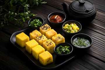 Photo Polenta Cubes With Sauces And Herbs Arranged On A Plate In Studio