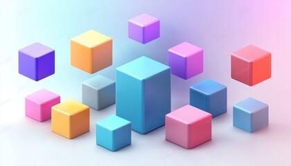 Colorful Floating Cubes in Minimalist 3D Composition with Soft Shadows and Pastel Hues