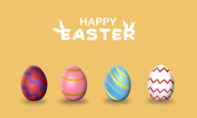 Minimalist Easter design with a warm yellow background. Features four 3D-rendered Easter eggs with wavy, striped, and zigzag patterns, and 