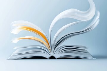 Fototapeta premium Open book with floating pages, conveying knowledge, learning, and imagination on a light background.
