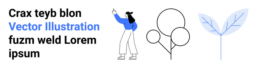 Woman gestures upward in casual clothes, stylized trees, and abstract leaves. Ideal for nature, creativity, sustainability, innovation, minimalism, digital content simple landing page