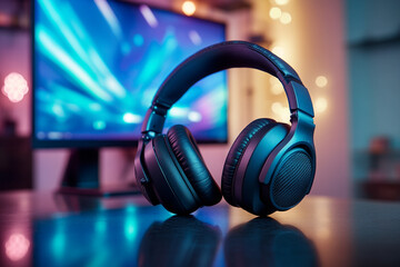 Neon-Powered Gaming Gear: Stylish Headphones and Monitor in Action