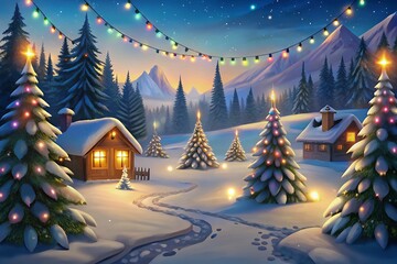 A magical snow-covered village nestled in a tranquil winter wonderland, illuminated by twinkling lights and the warm glow of cozy cabins, under a starlit sky.