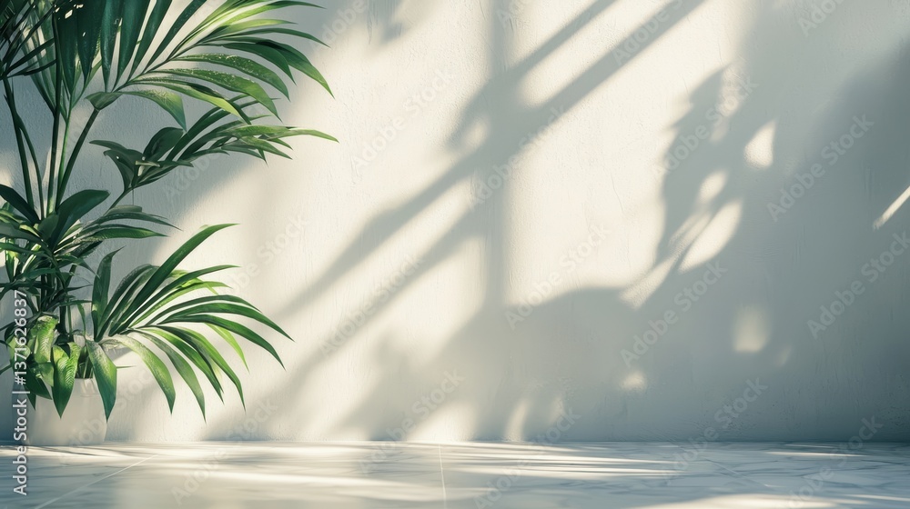 Poster minimalistic light background with blurred foliage shadow on a light wall. beautiful background for 