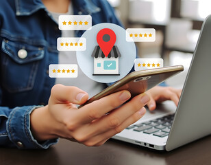 A close-up of a person holding a smartphone with a digital overlay of a local business icon, including a small shop with a red location pin on top Generative ai