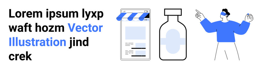 Smartphone marketplace app with transaction icons, medicine bottle, and a person using VR headset. Ideal for technology, e-commerce, innovation, healthcare, virtual experience, apps simple landing