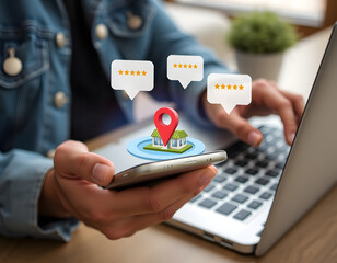 A close-up of a person holding a smartphone with a digital overlay of a local business icon, including a small shop with a red location pin on top Generative ai