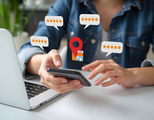 A close-up of a person holding a smartphone with a digital overlay of a local business icon, including a small shop with a red location pin on top Generative ai