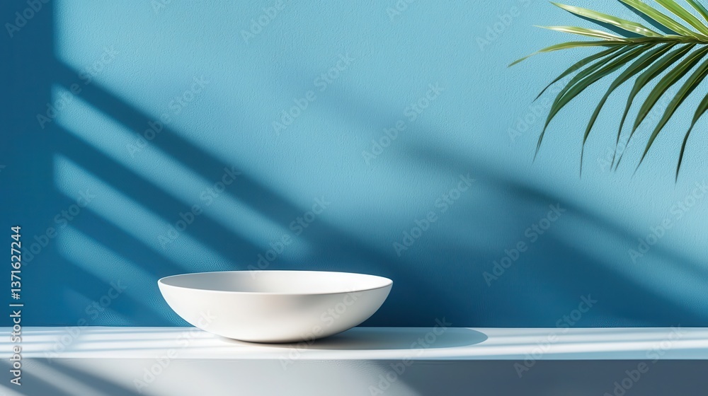Poster minimalistic modern product placement background with shadow on blue smooth wall. mockup for present