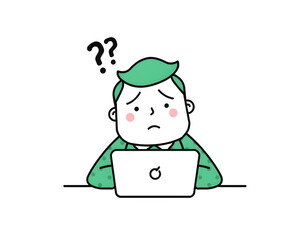 A minimalist digital illustration of a worried businessman sitting at a desk with a laptop, Generative ai